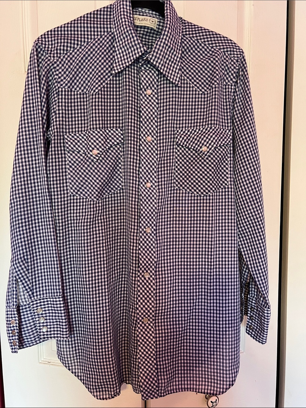 SHEPLERS Men's Blue Gingham Western Button-Down Shirt Size Large